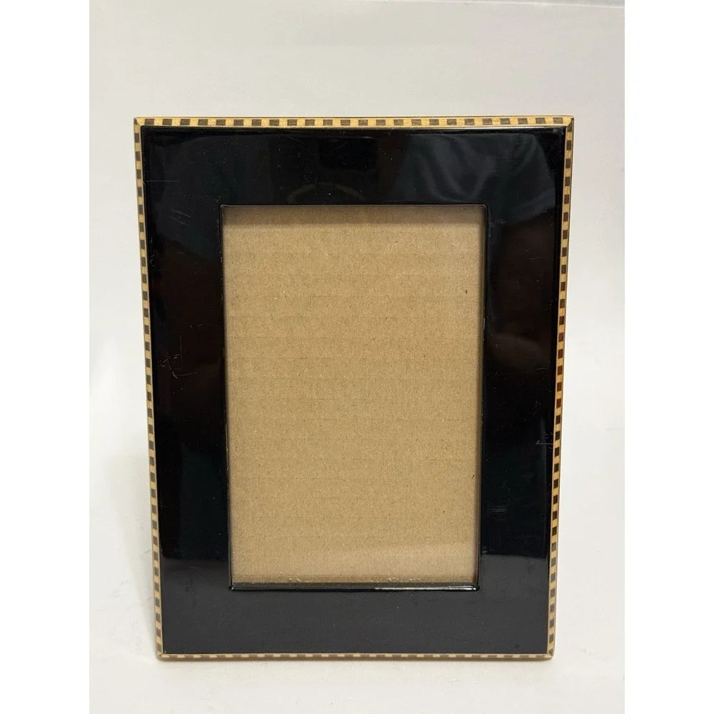 Black Lacquer 4x6 Picture Frame Gold Checkerboard Inlay Wood Easel Tabletop 8x10